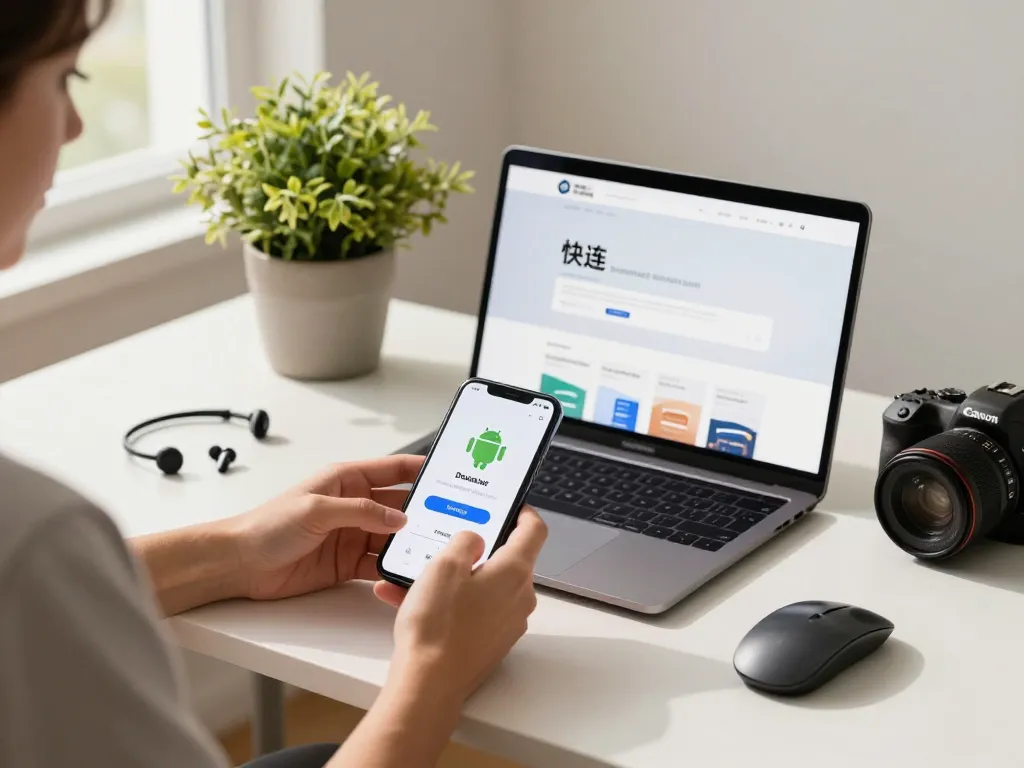 现代科技工作空间中的Android设备上的快连下载，展示高速互联网连接。