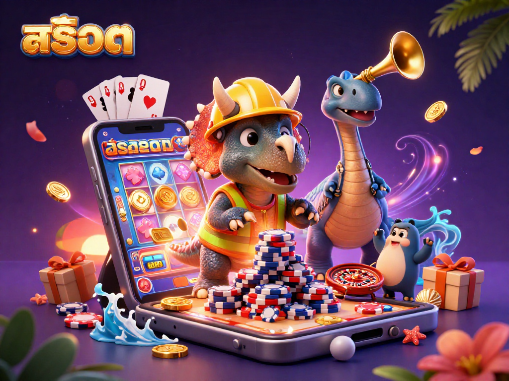 Engage in exciting สล็อต gameplay with a vibrant scene featuring a triceratops and casino elements.