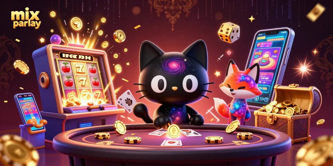 Mix parlay menampilkan kucing hitam berputar dengan galaksi, bermain di meja kasino dengan simbol slot dan chip emas.