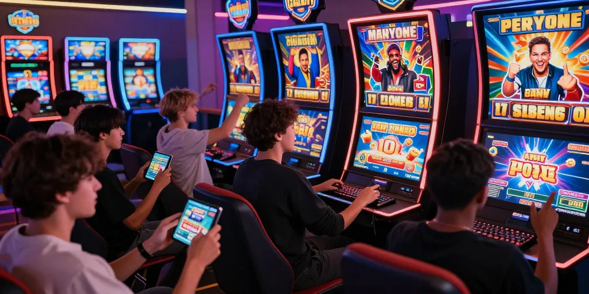 Exciting atmosphere of players engaging in slot deposit 1000 gameplay with colorful graphics.