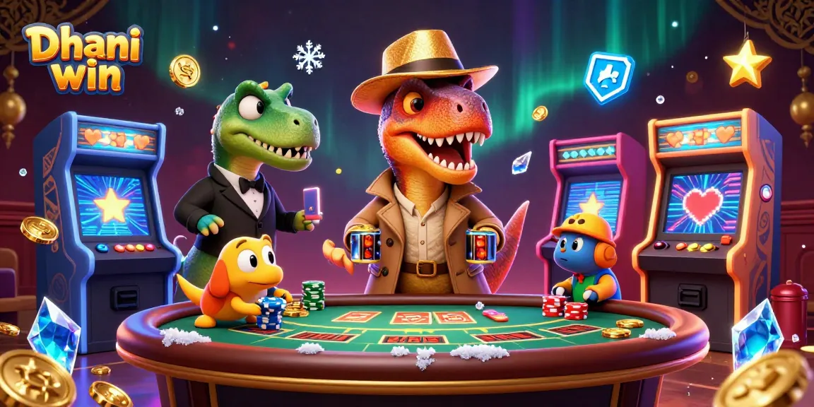 Dhani win players enjoy exciting casino games while a velociraptor sneaks chips at the blackjack table.