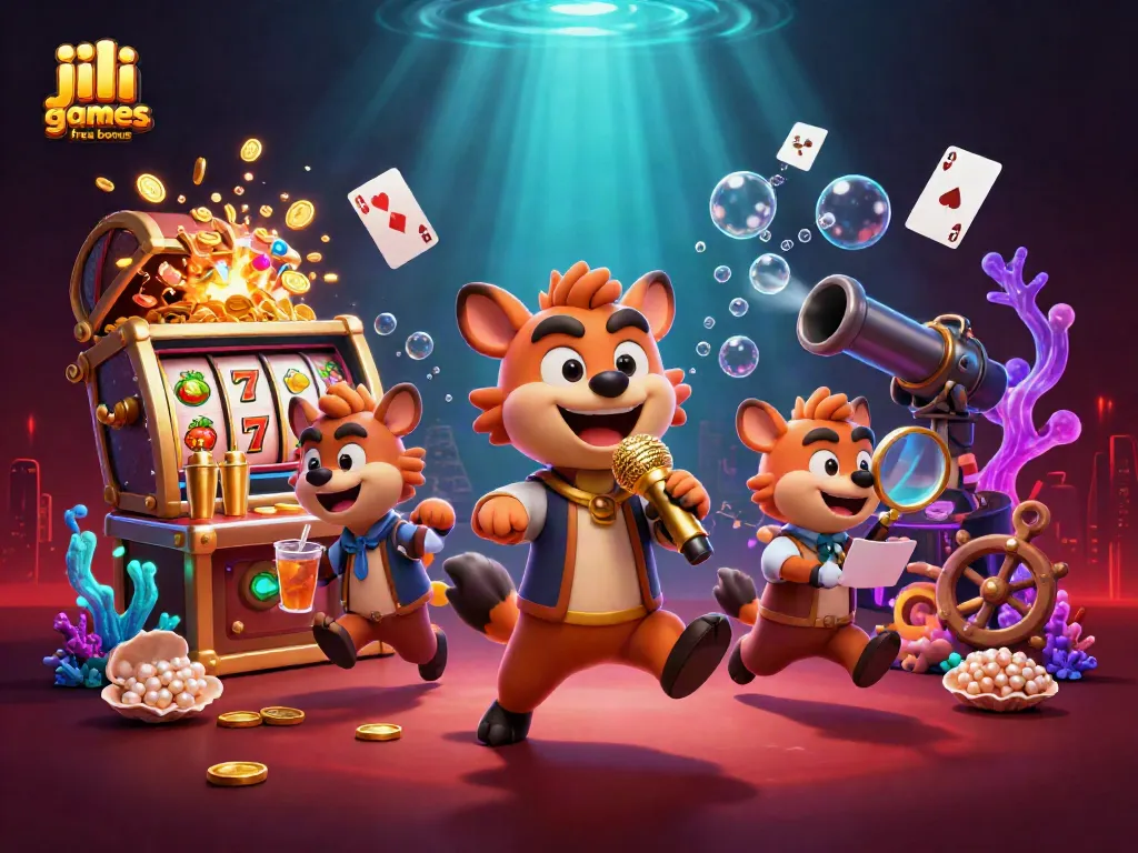 Engage with jili games free bonus at a lively casino scene featuring cartoon hyenas, slot reels, and vibrant elements.
