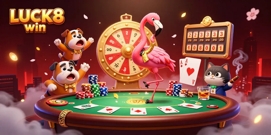 LUCK8 win highlights winning moments in a vibrant casino scene with animated characters and games.