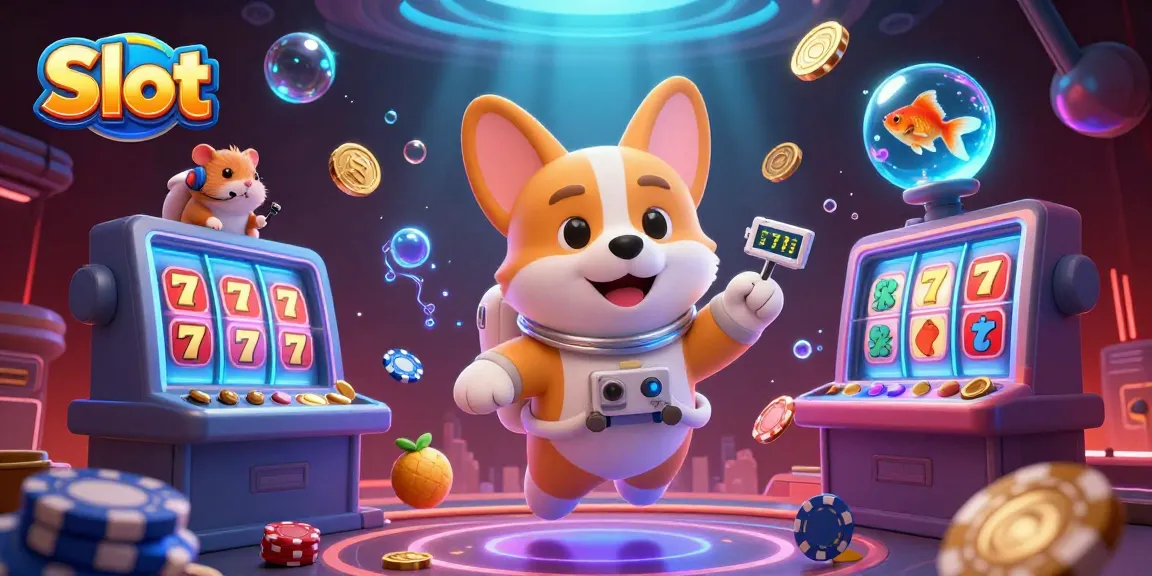 Spin to win with Slot action in this dynamic space casino scene featuring an astronaut corgi and friends.