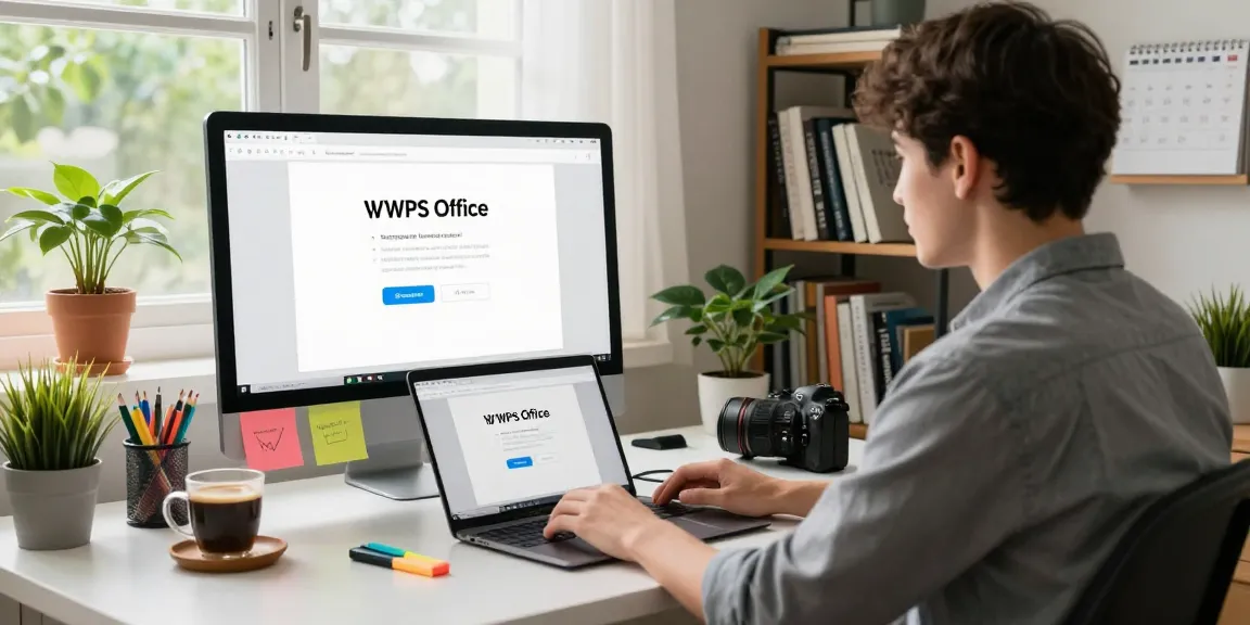 Downloading WPS Office on a laptop in a modern home office setting with a bright, productive atmosphere.