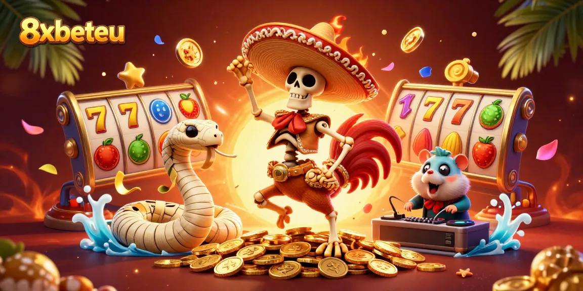 Engage with the vibrant energy of 8xbeteu as the skeleton mariachi rooster celebrates on golden coins amidst slot reels.