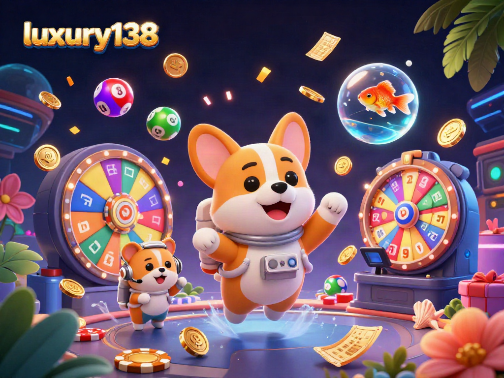 Permainan menarik di luxury138 dengan astronaut corgi dan peralatan kasino mengelilingi mereka.