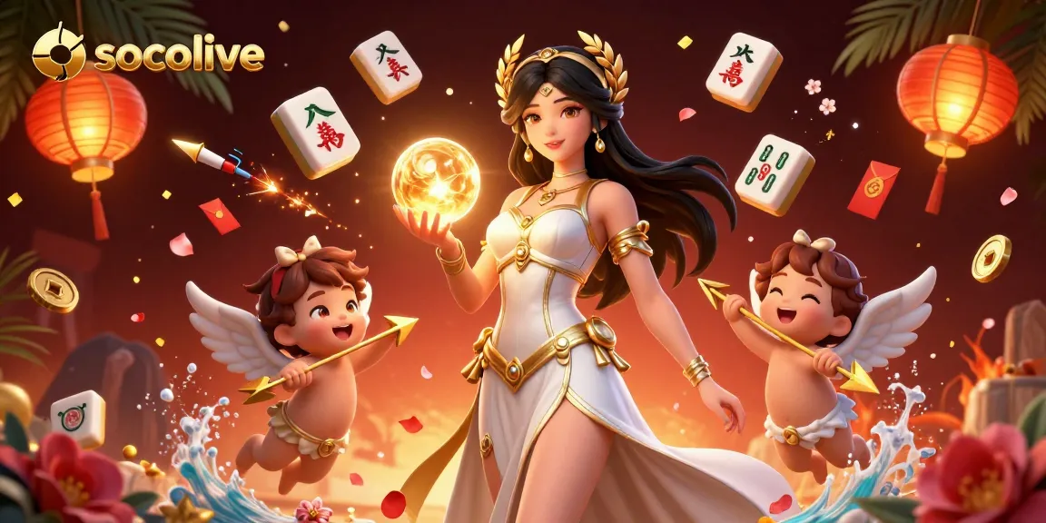 Socolive provides an exciting gambling experience with a stunning 3D goddess illustration and vibrant elements.