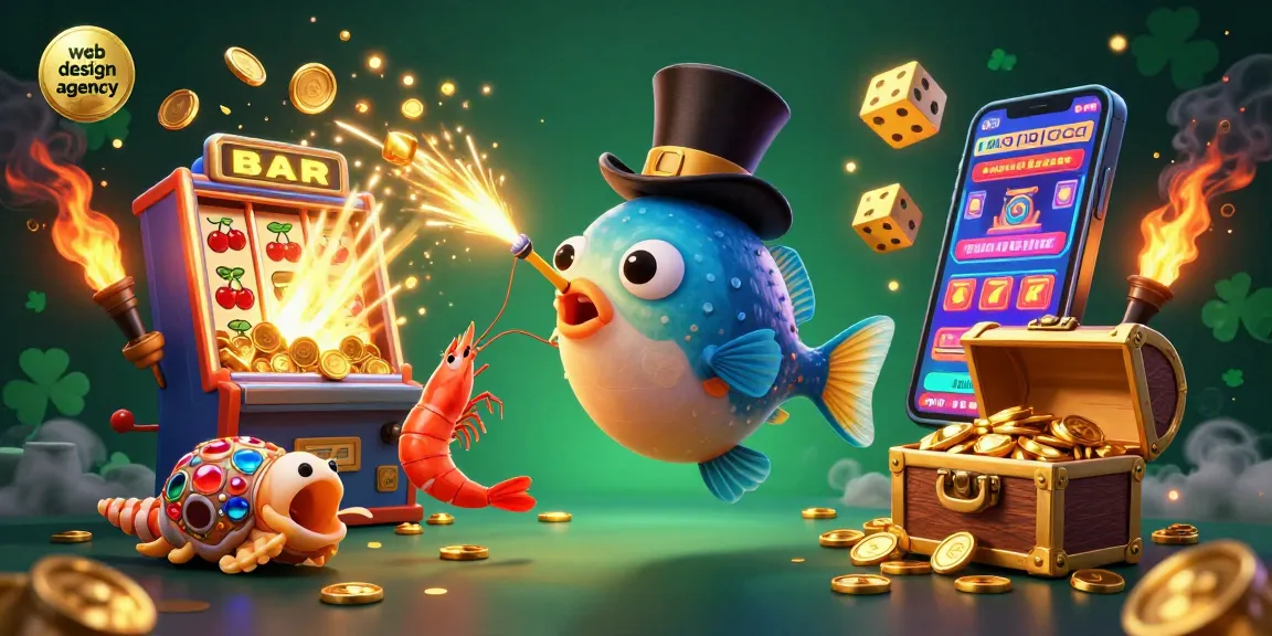 Engaging scene by a web design agency featuring a 3D anglerfish, pirate shrimp, and treasure snail among casino elements.