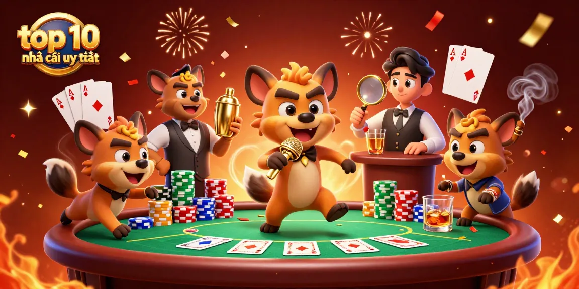 Engage in the excitement of top 10 nhà cái uy tín at this vibrant comedy casino scene featuring hyenas.