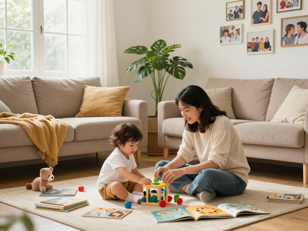 Parenting and child engagement in a cozy living room setting with rokok88 login content.