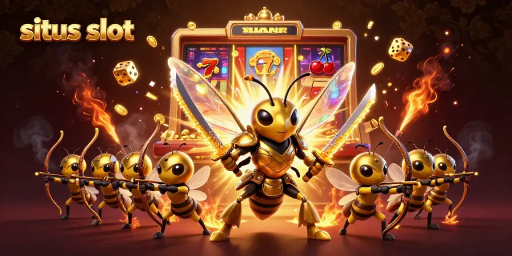 A vibrant scene showcasing a giant golden hornet and bee archers around a cash-exploding slot machine in the situs slot gaming world.