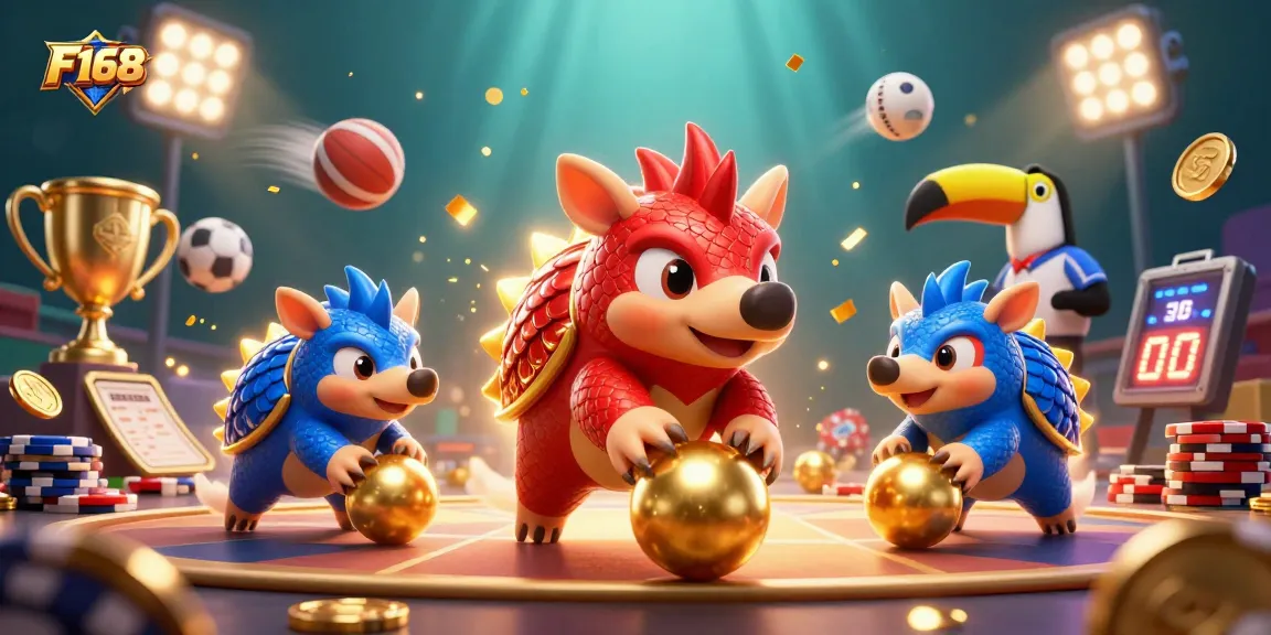 F168 pangolins compete in a vibrant casino scene, rolling golden balls through poker chips.