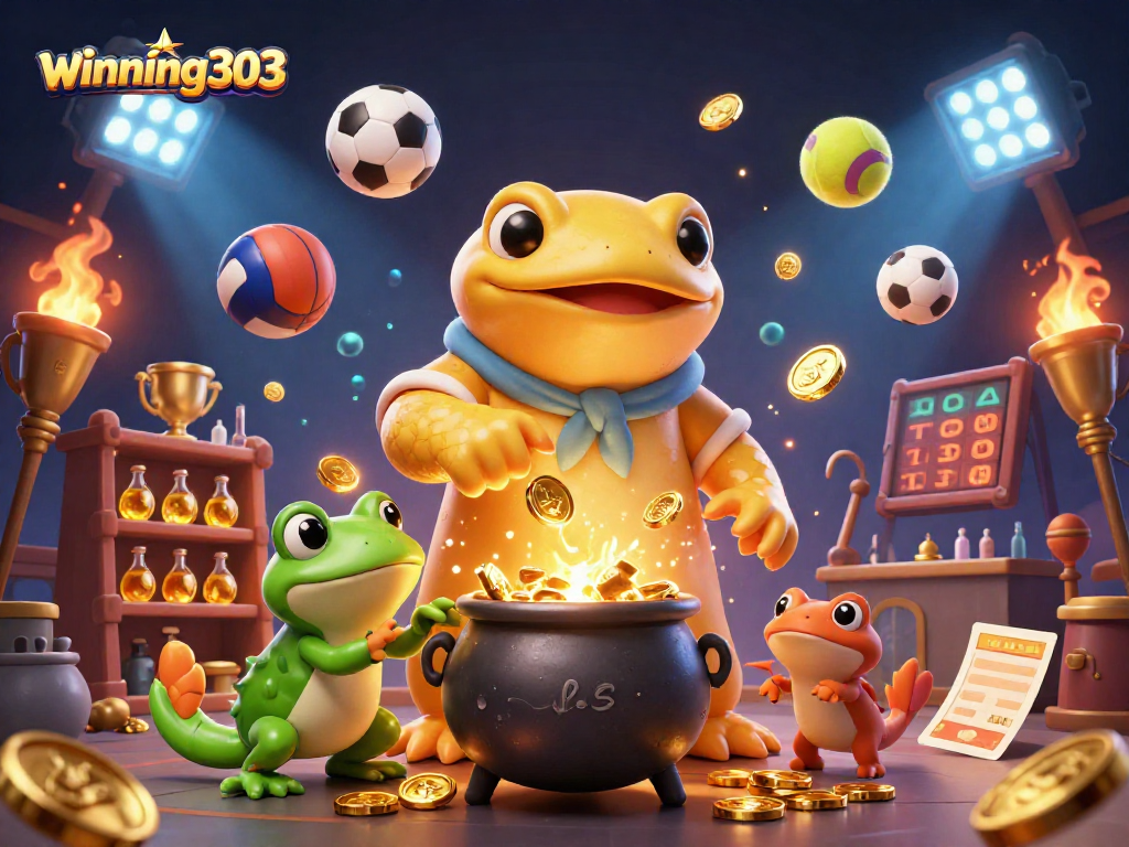 Winning303 sports betting illustration with golden salamander alchemist and dynamic sports elements