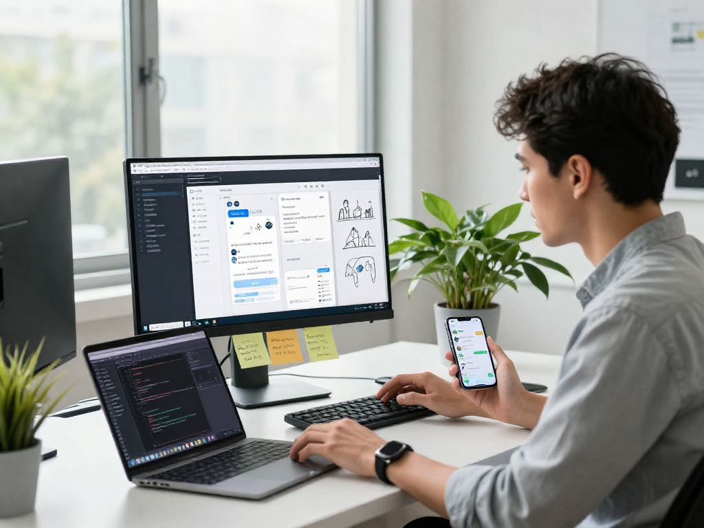 Interactive tech workspace featuring a sex bot AI interface, showcasing innovative digital interactions.