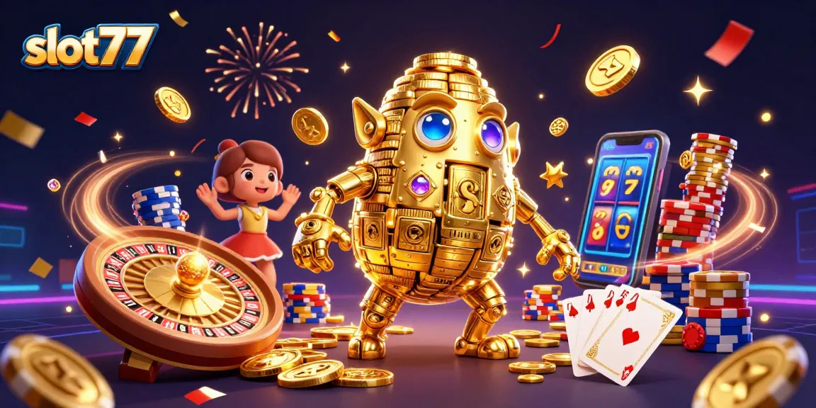 Win big with slot77 at this vibrant 3D casino scene featuring golden golems and slot symbols.