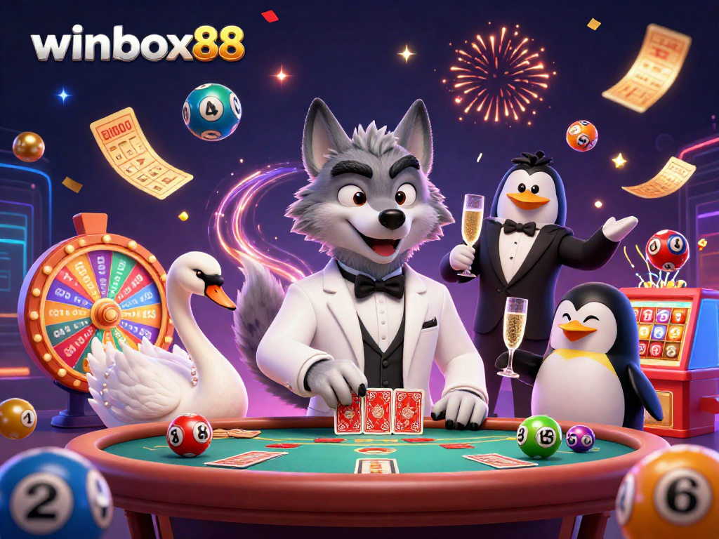 Winbox88 features lively characters celebrating at a baccarat table amid colorful gambling elements.