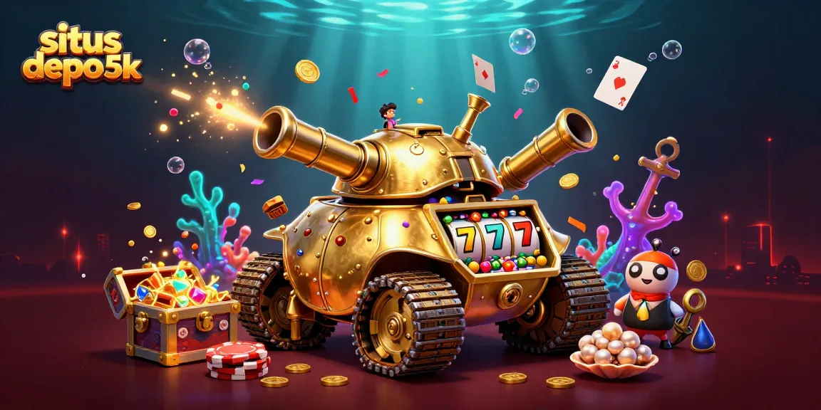 Engage with situs depo 5k in this thrilling 3D casino scene filled with vibrant slot elements and golden treasure.