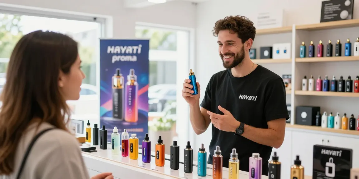 Customer exploring the Hayati proma vape device with an associate in a vibrant vape shop.