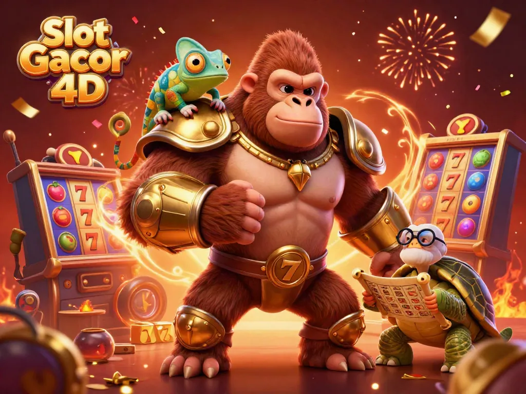Gorila kuat dan teman reptil dalam adegan Slot Gacor 4D dengan elemen permainan kasino yang berwarna-warni.