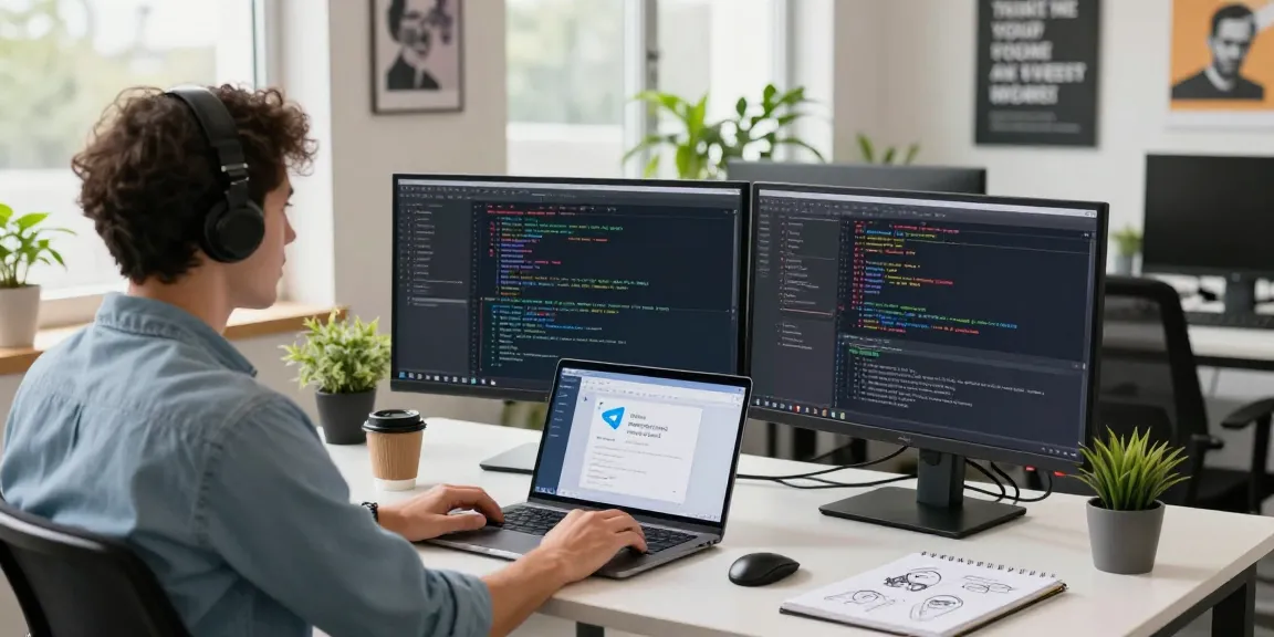 Engaging tech workspace showcasing Telegram Download in action with coding screens and developer.