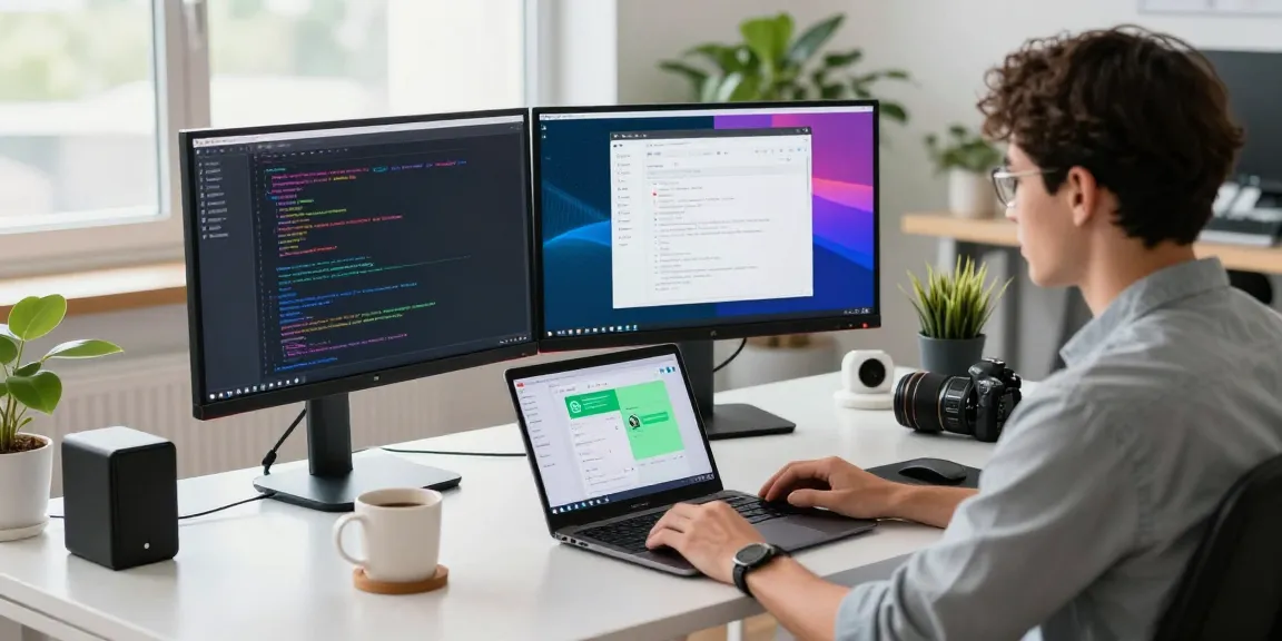 Workspace scene with developer coding WhatsApp下載 on dual monitors in a bright office.