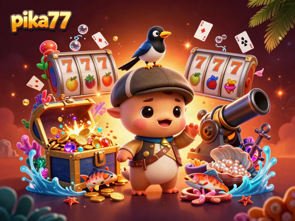 Pika77 offers a lively casino experience with cartoon characters amid slot reels and gold treasures.