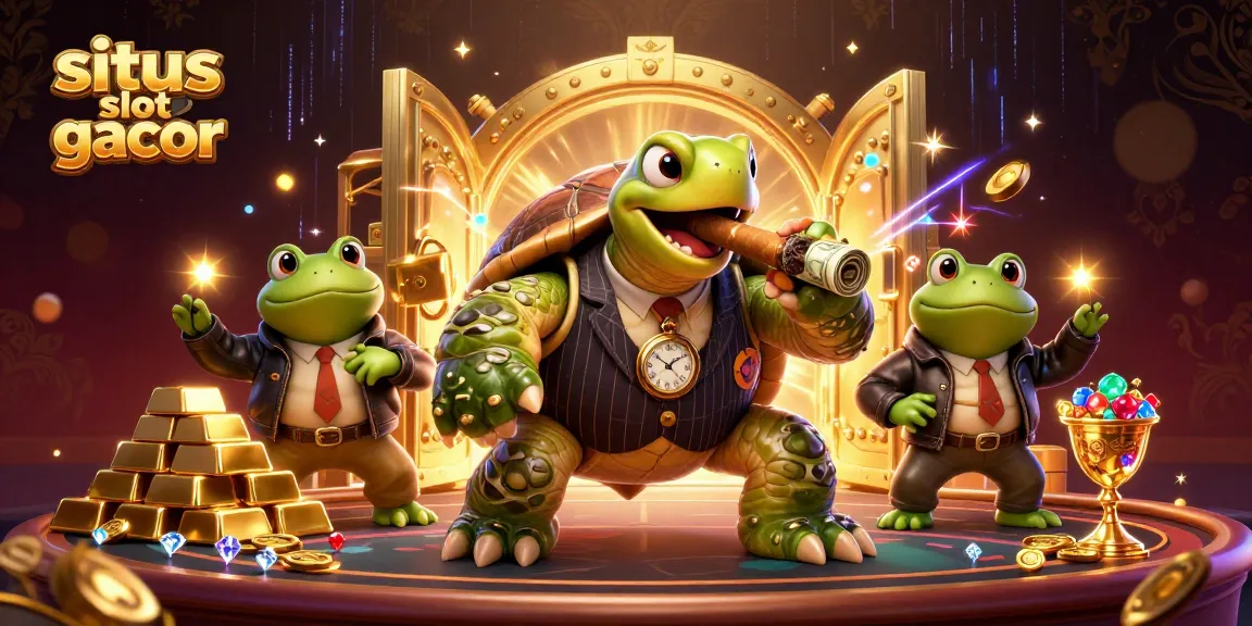 A lively scene depicting a situs slot gacor with a snapping turtle and bullfrog enforcers amidst casino gold.