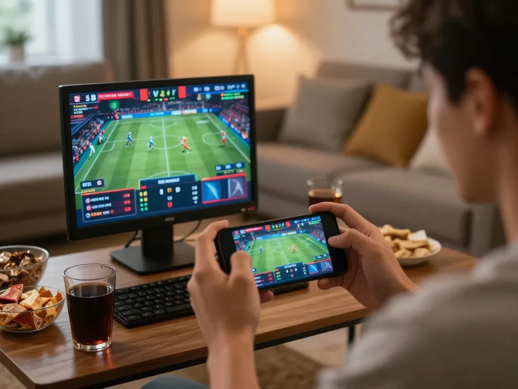Betting on sports with 888top on a smartphone in a cozy living room setting.