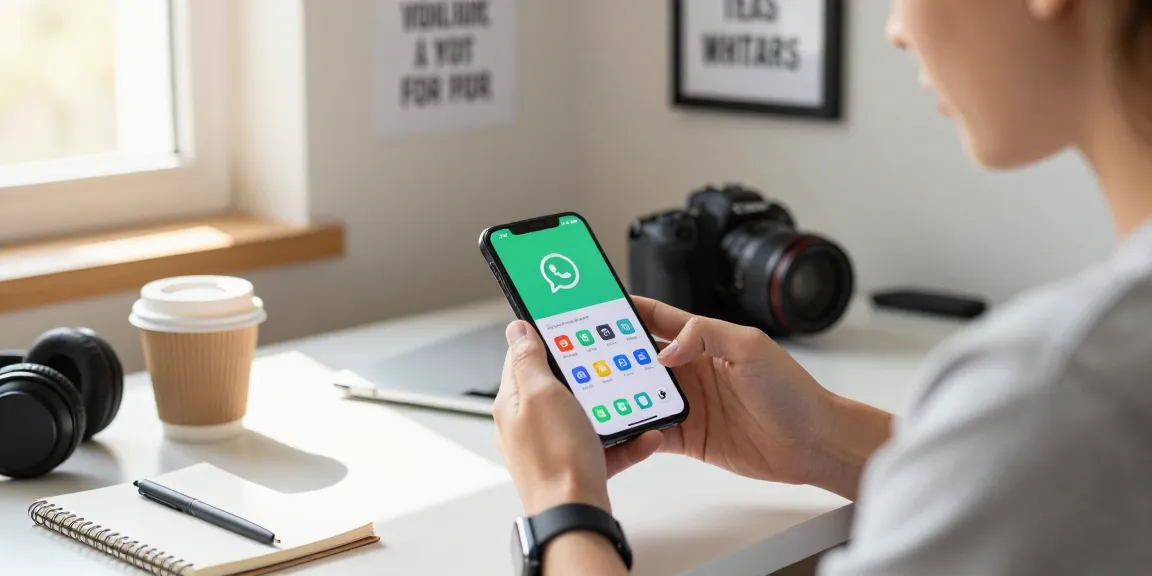 WhatsApp下載 being demonstrated on a smartphone in a vibrant workspace, highlighting user engagement and modern technology.