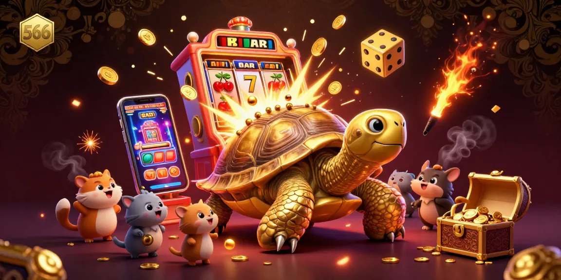 Engage with exciting 566 casino action through vibrant 3D illustration featuring a golden tortoise as a pinball machine.