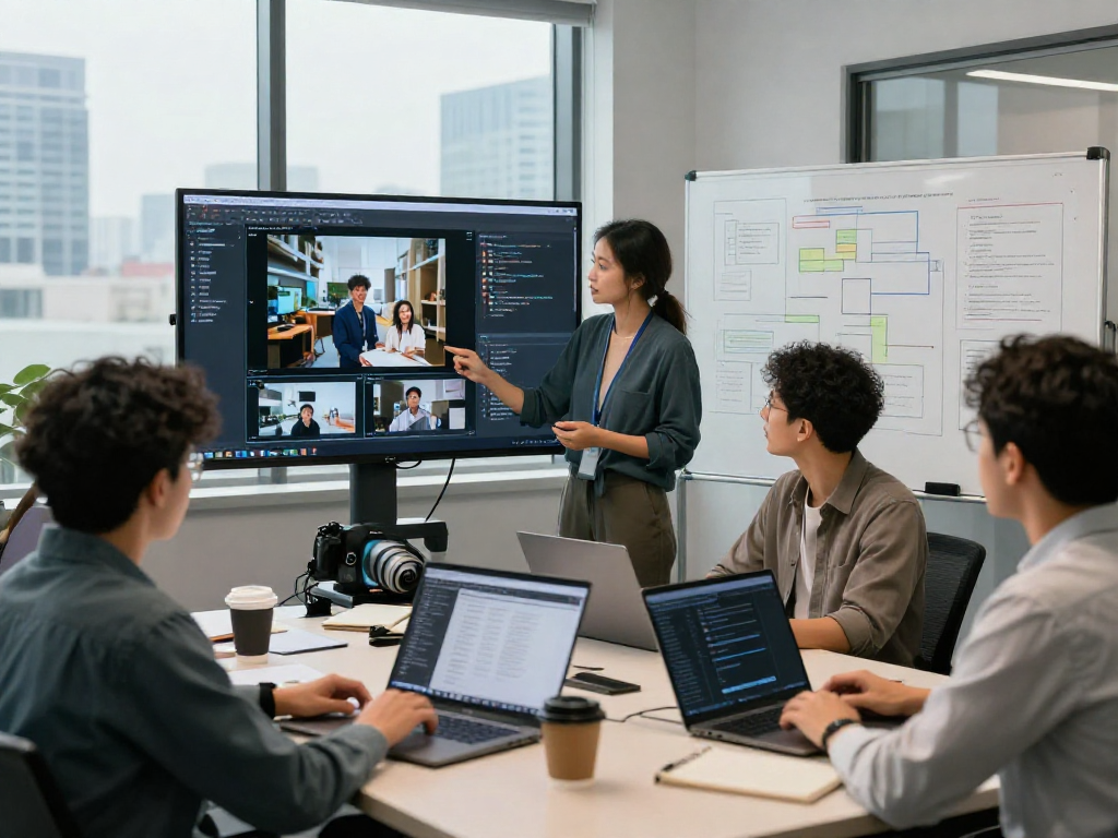 Team analyzing AI-generated images with an ai image detector in a modern workspace.