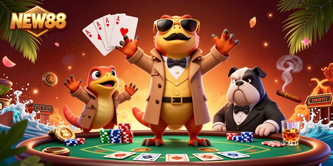 NEW88 raptors in trench coat attempt VIP entry at casino with poker elements scattered