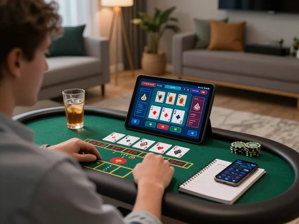 Engaging in thrilling online blackjack gaming on 388bet tablet at home, showcasing a cozy living environment