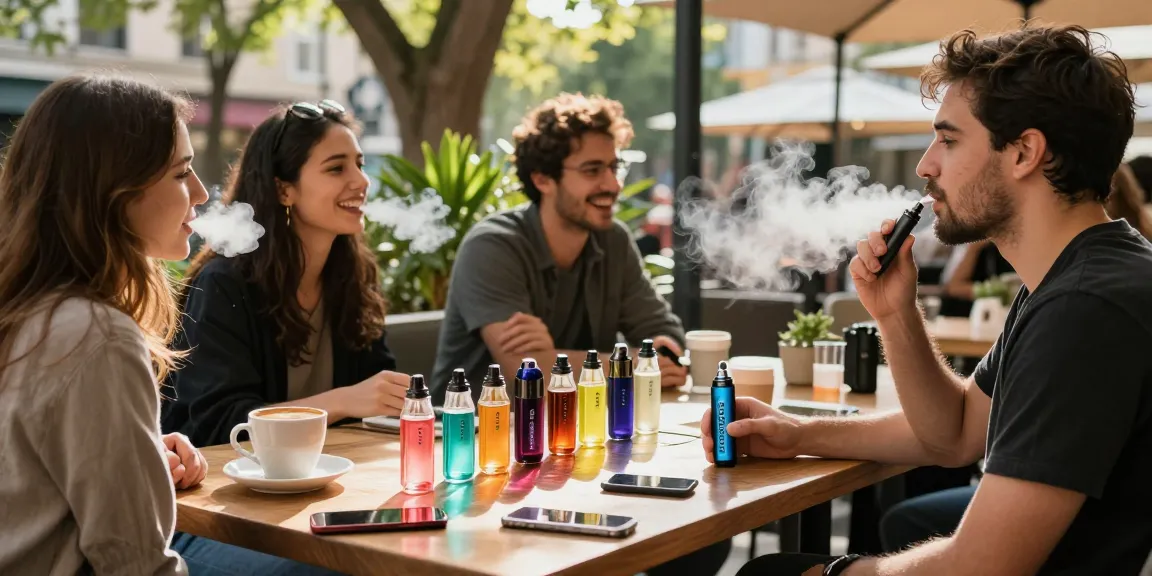 Enjoying Hayati Pro Max vape outdoors in a vibrant café setting surrounded by friends.