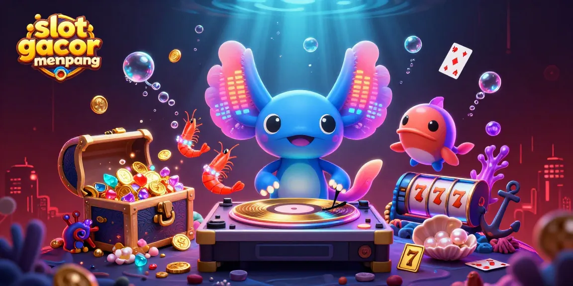 Temukan slot gacor gampang menang dengan ilustrasi DJ axolotl neon yang memutar musik di dunia bawah laut.