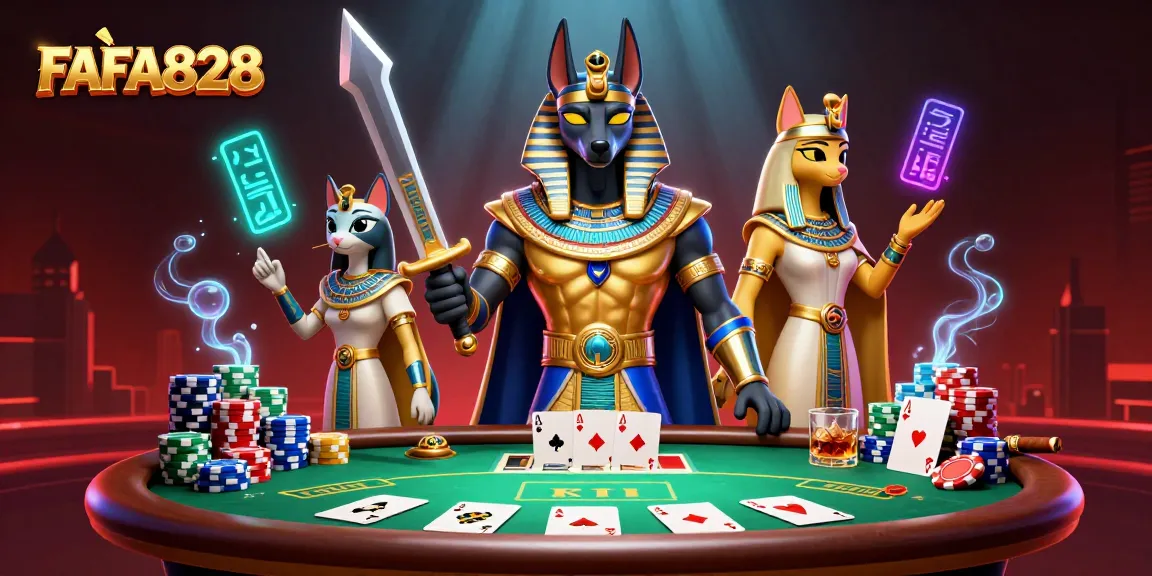 Join the excitement of FAFA828 with Anubis and Bastet at the poker table!