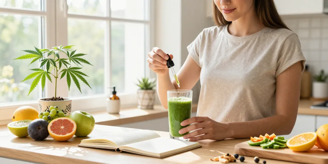 Muha med CBD oil drops being added to a smoothie in a bright kitchen, showcasing natural wellness.