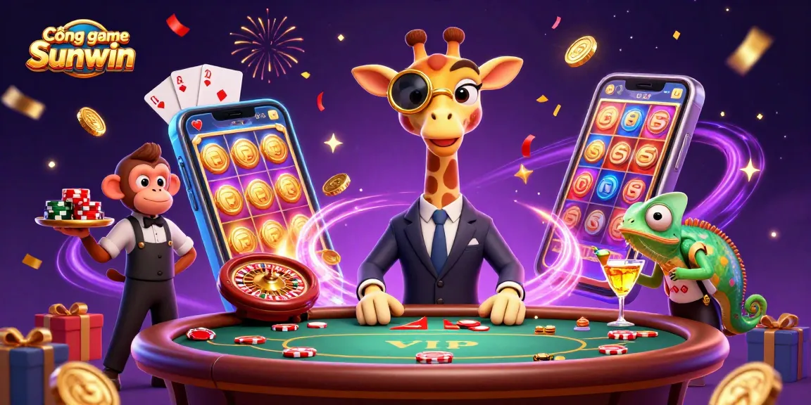 Cổng game Sunwin offers exciting slot experiences with vibrant casino characters in a lively scene.