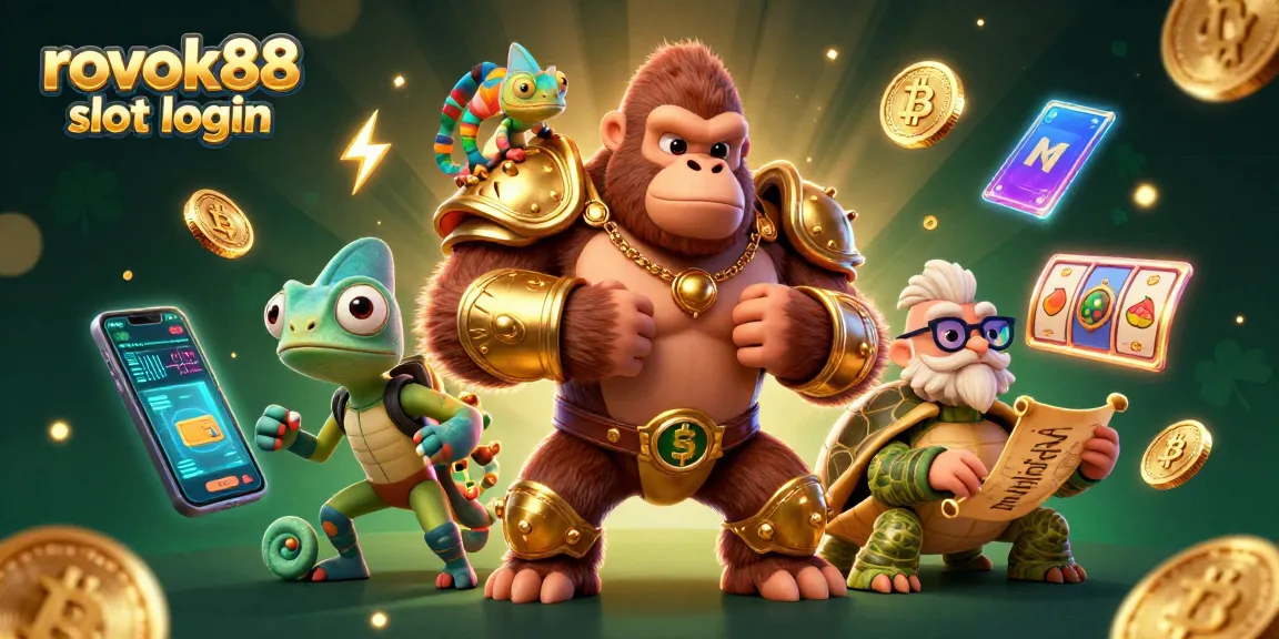 Join the action at rokok88 slot login, featuring vibrant characters in a rich gambling scene with neon coins and slot reels.