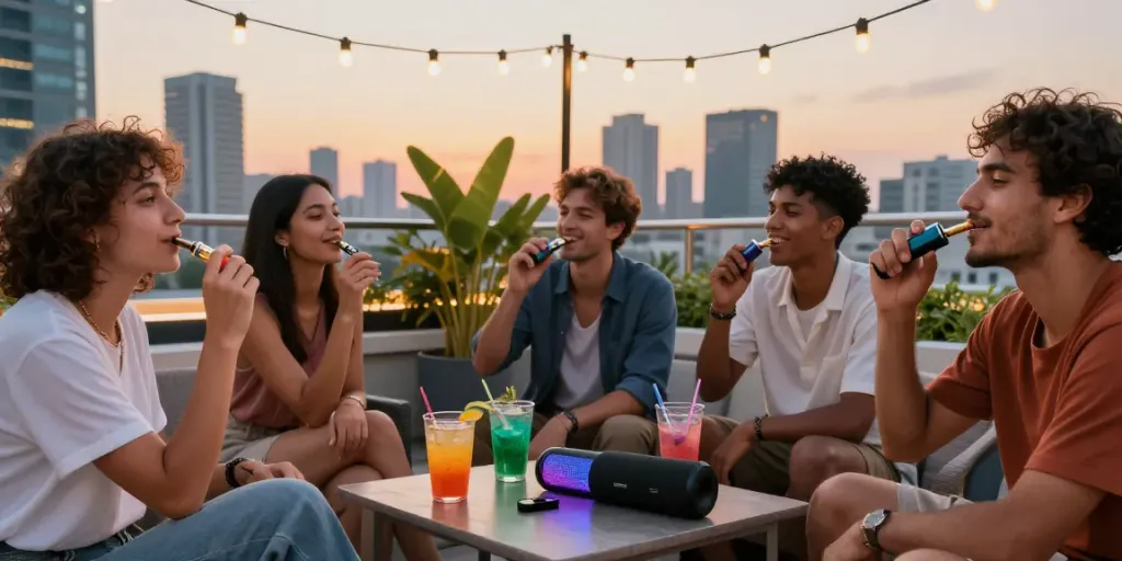 Freunde genießen Al Fakher 8K Crystal Vapes bei Sonnenuntergang auf einer Dachterrasse mit Stadtansicht.