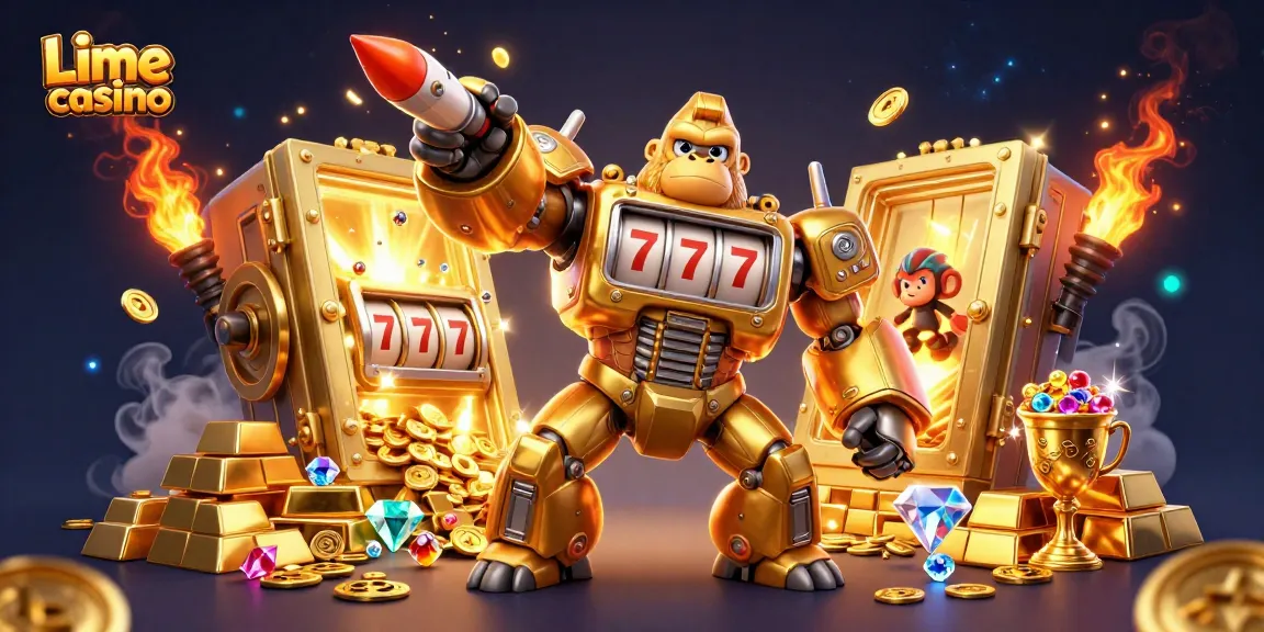 Lime casino élmény, amikor a 3D arany gorilla megugrik, pénzérmék robbannak a levegőbe, és ragyogó kincsek és nyerőgépek veszik körül.