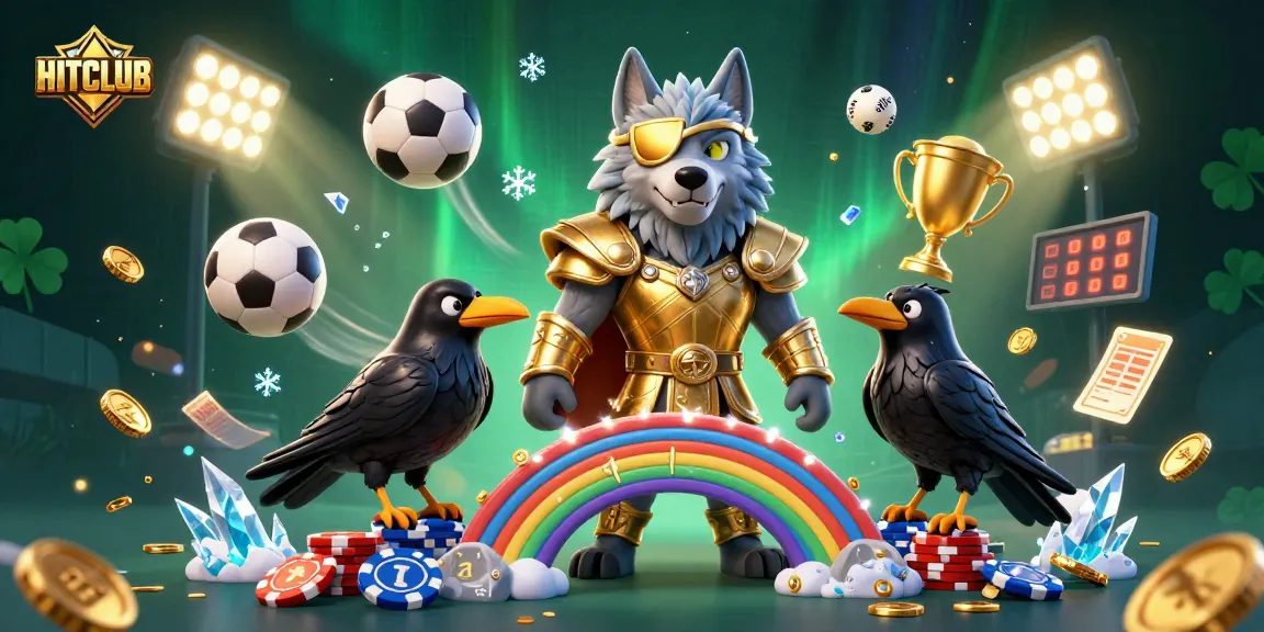 Experience HITCLUB's vibrant gaming world with Odin and his ravens amidst dynamic casino elements.