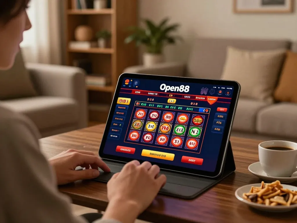 Open88 users engaging with online gaming through a tablet in a cozy home setting.