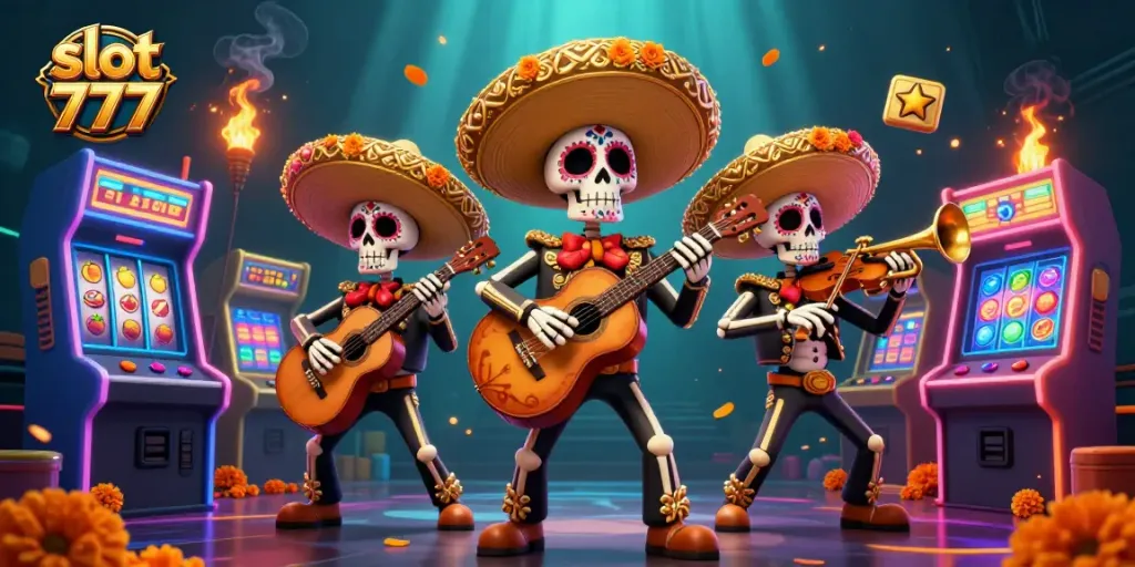 Mengguncang slot 777 dengan karakter musik skeleton sambil berinteraksi dengan mesin slot dan elemen kasino lainnya.