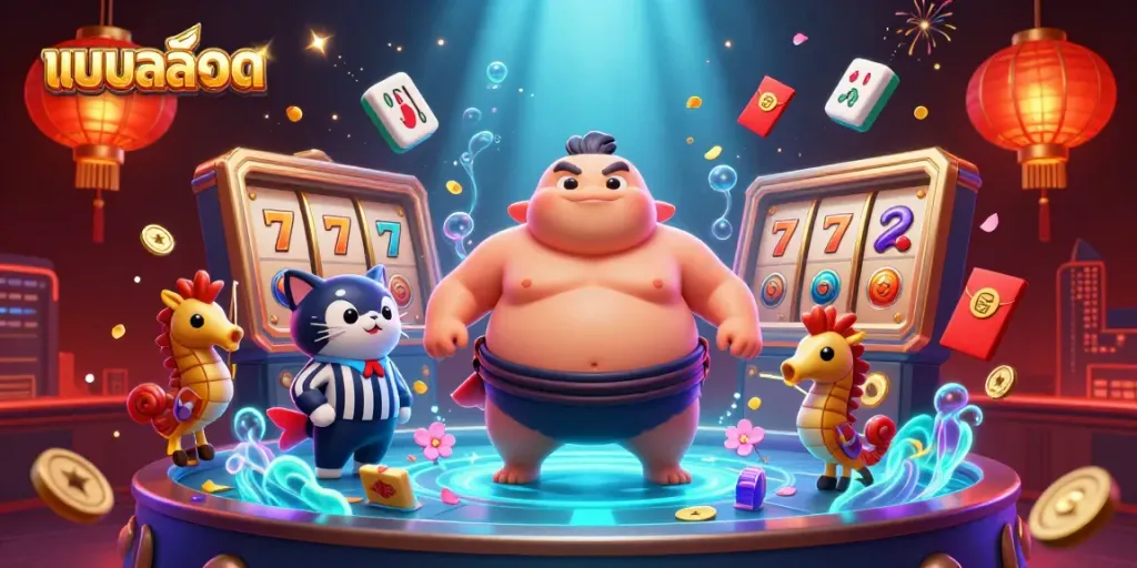 Engage with แบบสล็อต through a vibrant underwater casino scene featuring dynamic slot reels and energetic characters.