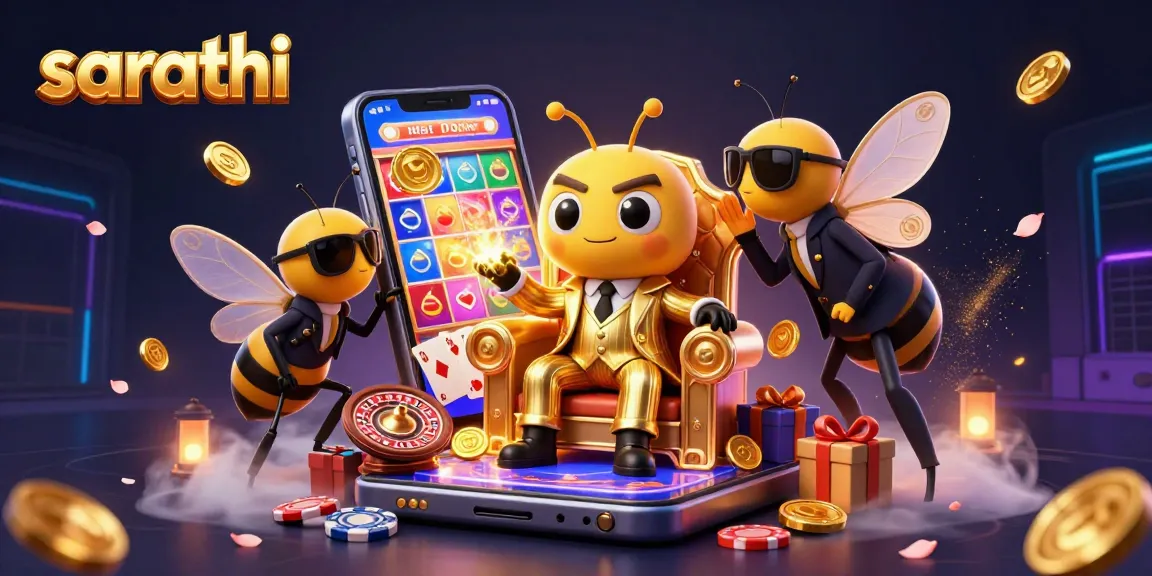 Experience the thrill of sarathi with a vibrant 3D casino illustration showcasing a bumblebee mob boss and slot games.