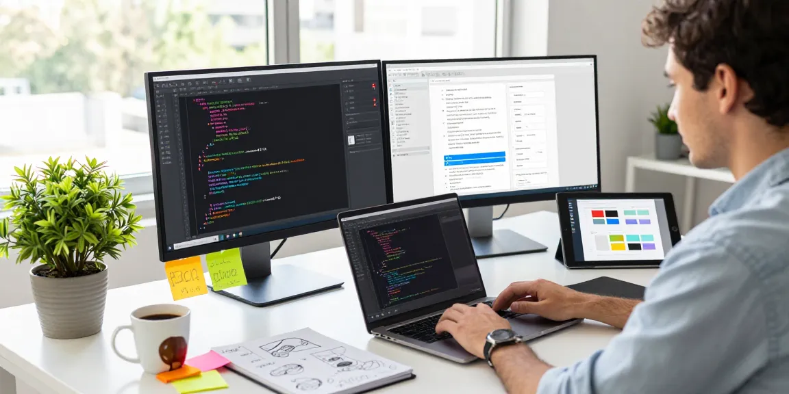 An innovative workspace scene showcasing a screenshot tool in use with colorful code and design mockups.