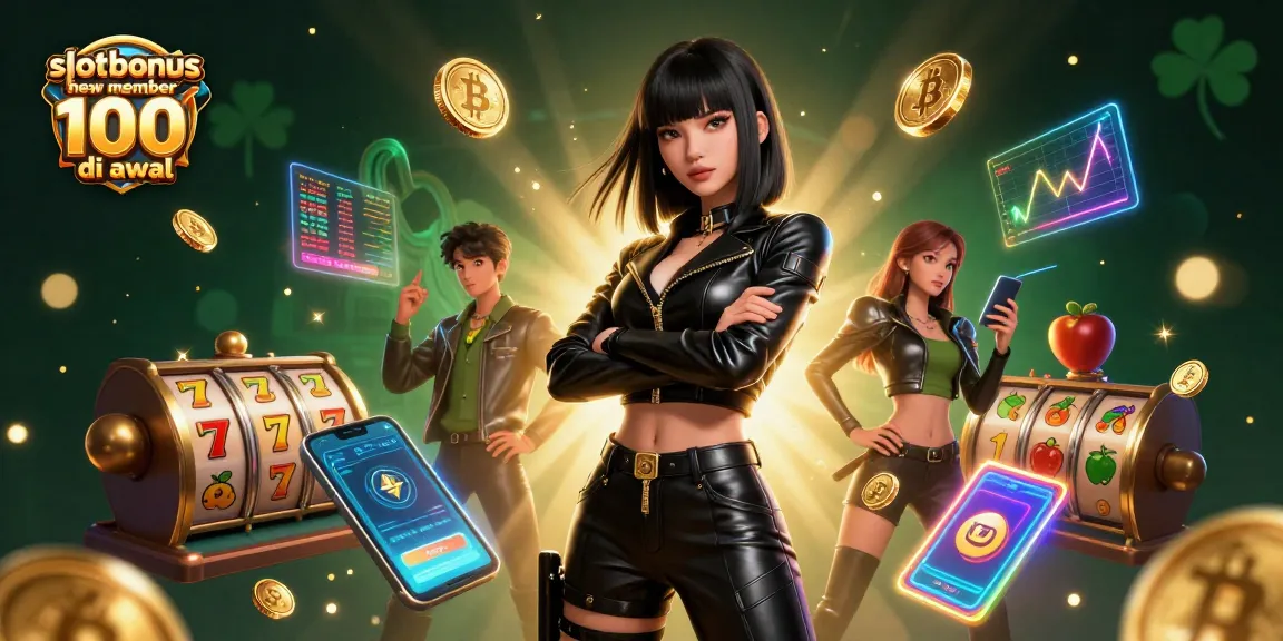 Engage with slot bonus new member 100 di awal, surrounded by vibrant casino elements and crypto graphics.