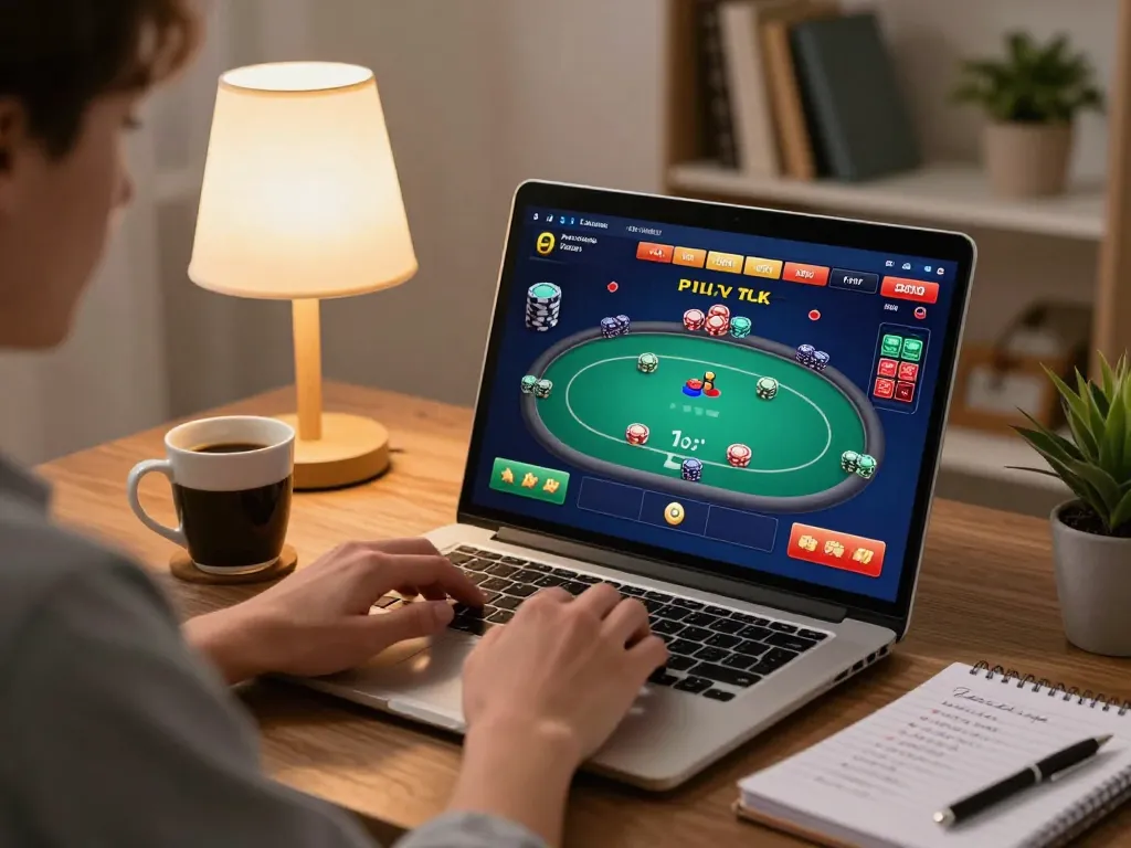 Player engages with sunwin online poker game on laptop, showcasing strategic gameplay in a cozy home setting.
